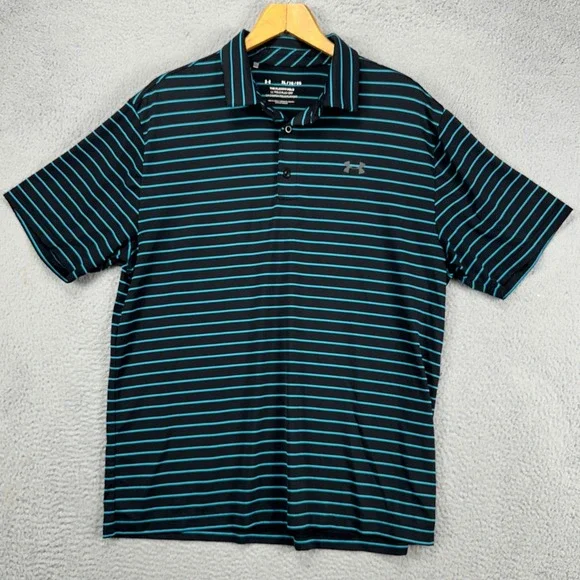 Under Armour Mens The Play Off Polo Shirt XL Black Blue Stripes Golf Rugby Logo